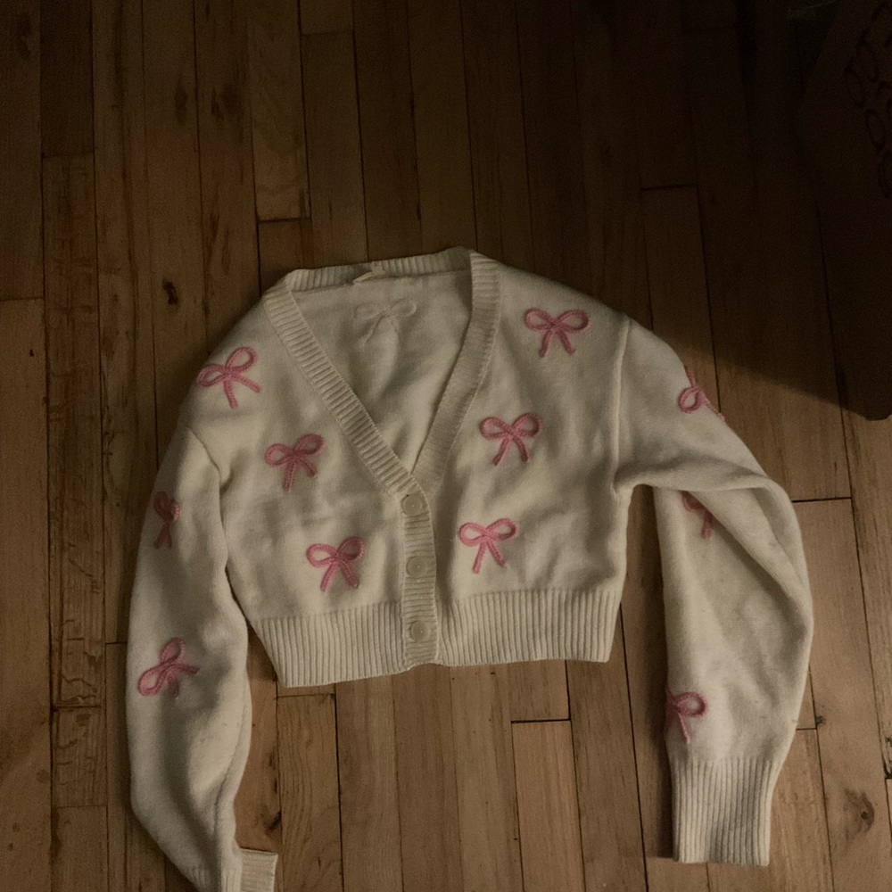 LoveShackFancy Francette Cream Cardigan with Pink Bows